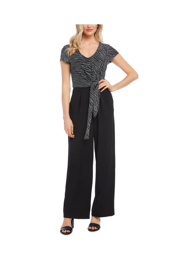 Womens Black Tie Printed Short Sleeve Scoop Neck Evening Jumpsuit Boot Cut S