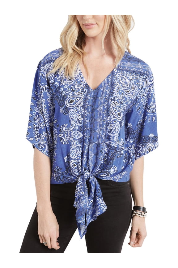 Womens Blue Front Tie Paisley Kimono Sleeve V Neck Top Size: S