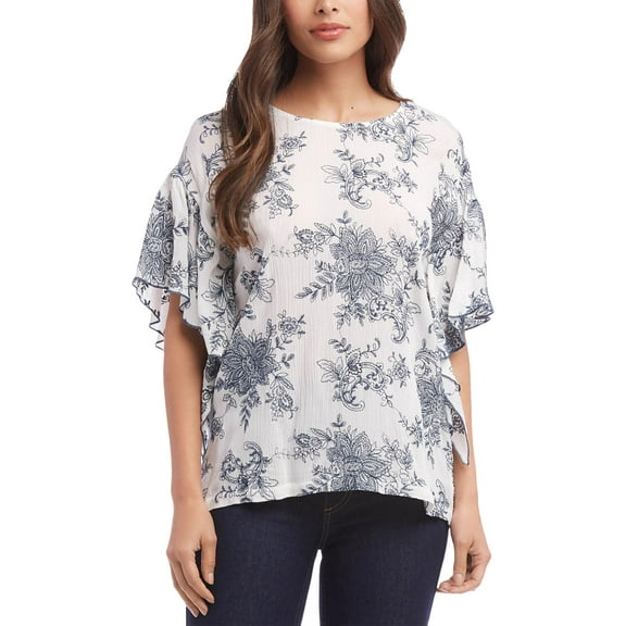 KAREN KANE Womens White Embroidered Ruffle Sleeve Jewel Neck Blouse Size: L