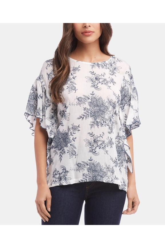Womens White Embroidered Ruffle Sleeve Jewel Neck Blouse XL