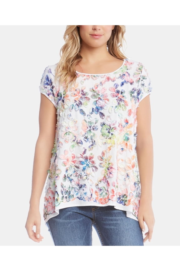 Womens White Fringed Cap Sleeve Jewel Neck Top Size: M