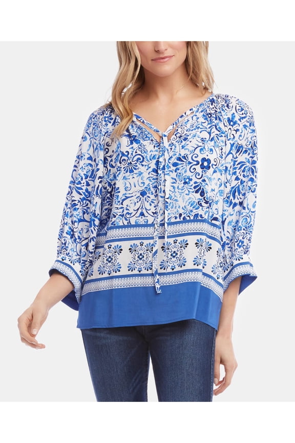 Womens White Printed Long Sleeve V Neck Peasant Top Size: M