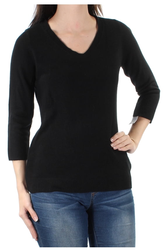 $16 Womens New 1424 Black V Neck 3/4 Sleeve Casual Top S Petites B+B