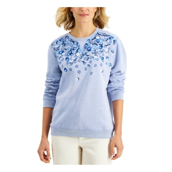 KAREN SCOTT SPORT Womens Blue Fleece Ribbed Printed Long Sleeve Crew Neck Wear To Work Sweater Petites PS