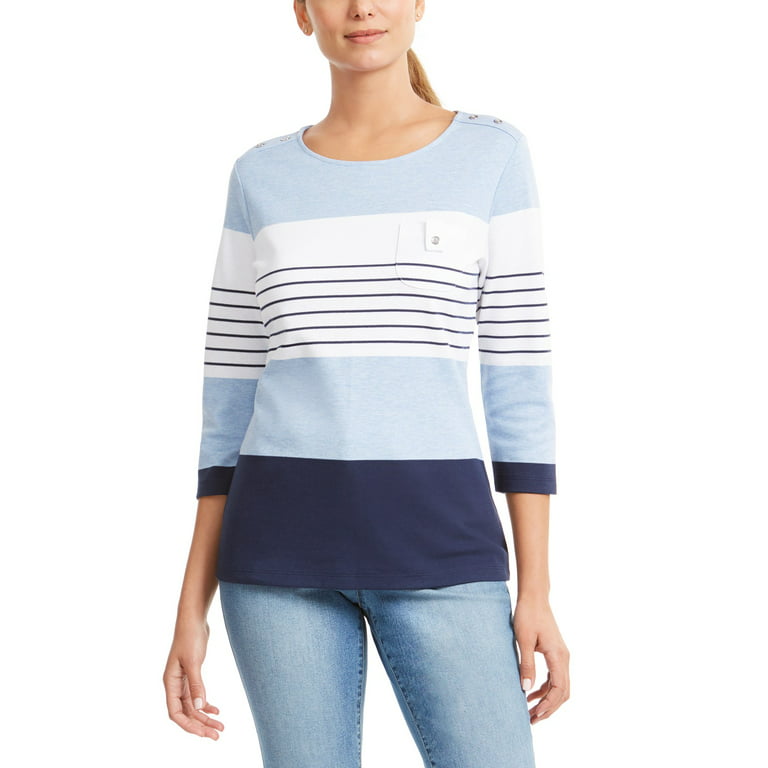 KAREN SCOTT SPORT Womens Blue Striped 3/4 Sleeve Jewel Neck T-Shirt L 