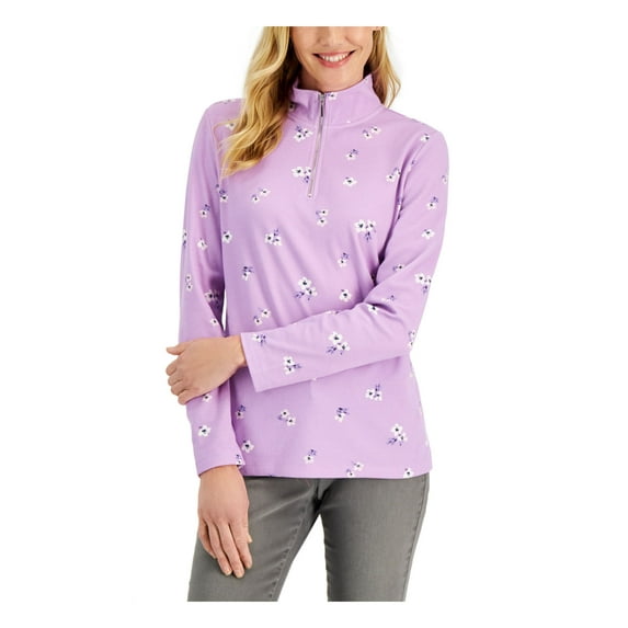 KAREN SCOTT SPORT Womens Purple Cotton Blend Floral Long Sleeve Collared Top S