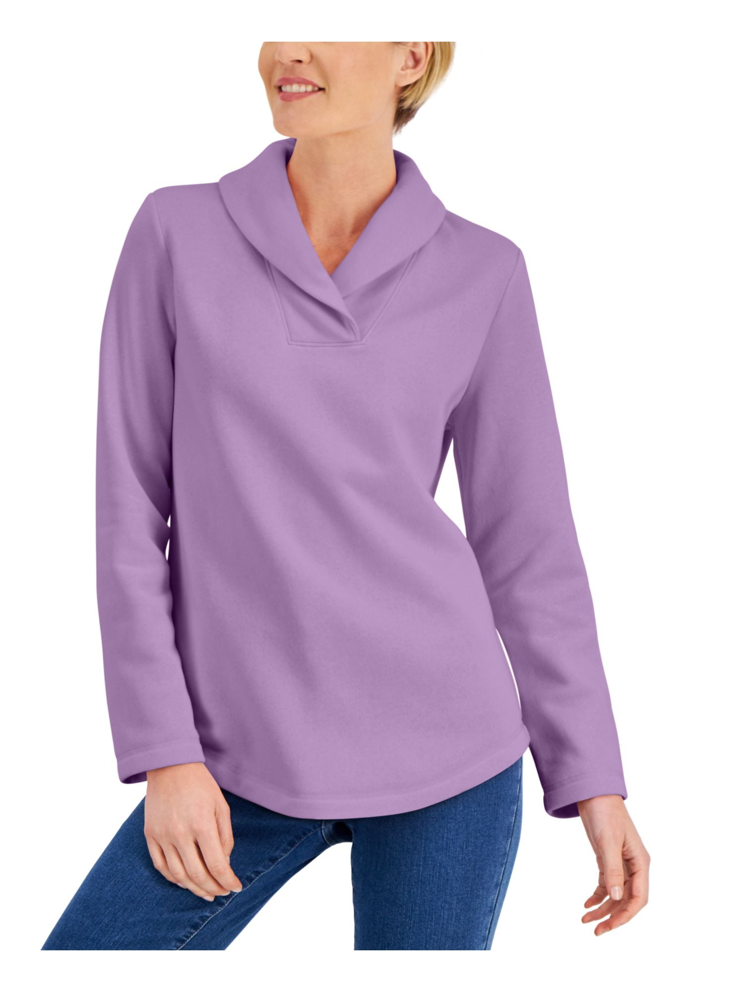 KAREN SCOTT SPORT Womens Purple Fleece Ribbed Relaxed-fit Long Sleeve Shawl  Collar Top XS