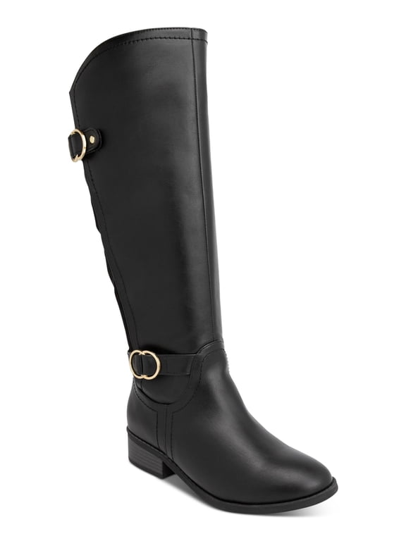 Womens Black Buckle Accent Asymmetrical Wide Calf Cushioned Goring Leandraa Almond Toe Block Heel Zip-Up Riding Boot 7.5 M