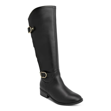 KAREN SCOTT Womens Black Buckle Accent Asymmetrical  Wide Calf Cushioned Goring Leandraa Almond Toe Block Heel Zip-Up Riding Boot 9.5 M