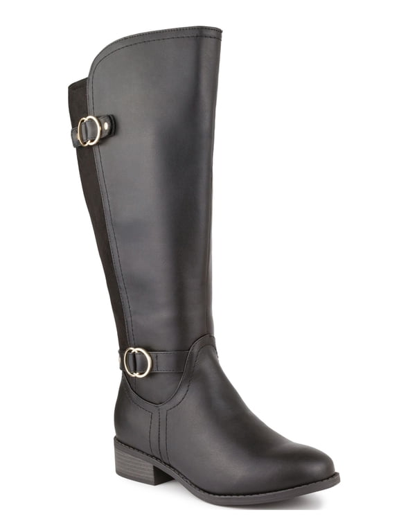 Womens Black Buckle Accent Asymmetrical Wide Calf Wide Calf Goring Leandraa Almond Toe Block Heel Zip-Up Riding Boot 7.5 M WC