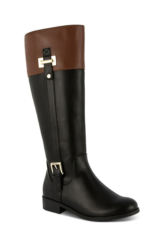 Womens Black Color Block Goring Padded Buckle Accent Edenn Almond Toe Block Heel Zip-Up Riding Boot 10 M