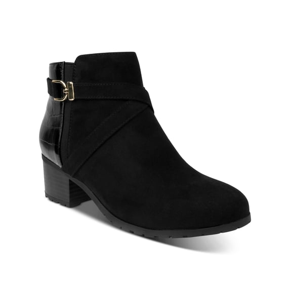 KAREN SCOTT Womens Black Croc Embossed Crisscross Straps Buckle Accent Cushioned Franccess Almond Toe Block Heel Zip-Up Booties 8 M