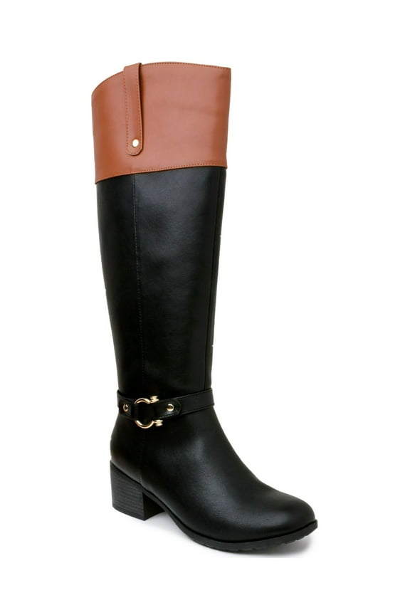 Womens Black Croc Harness Straps Ring Hardware Cushioned Comfort Vickyy Almond Toe Block Heel Zip-Up Riding Boot 6.5 M