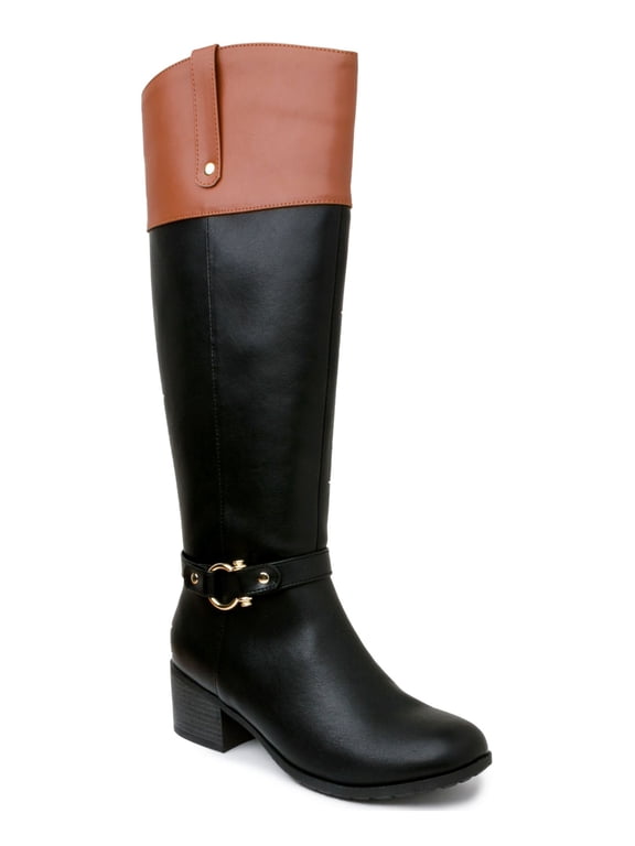 Womens Black Croc Harness Straps Ring Hardware Cushioned Comfort Vickyy Almond Toe Block Heel Zip-Up Riding Boot 6.5 M