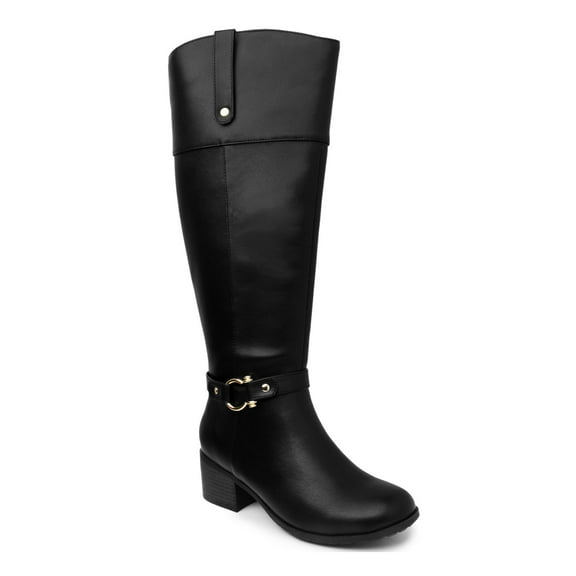 KAREN SCOTT Womens Black Croc Harness Straps Ring Hardware Cushioned Comfort Vickyy Almond Toe Block Heel Zip-Up Riding Boot 7.5 M