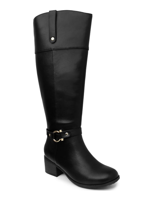 Womens Black Croc Harness Straps Ring Hardware Cushioned Comfort Vickyy Almond Toe Block Heel Zip-Up Riding Boot 7.5 M