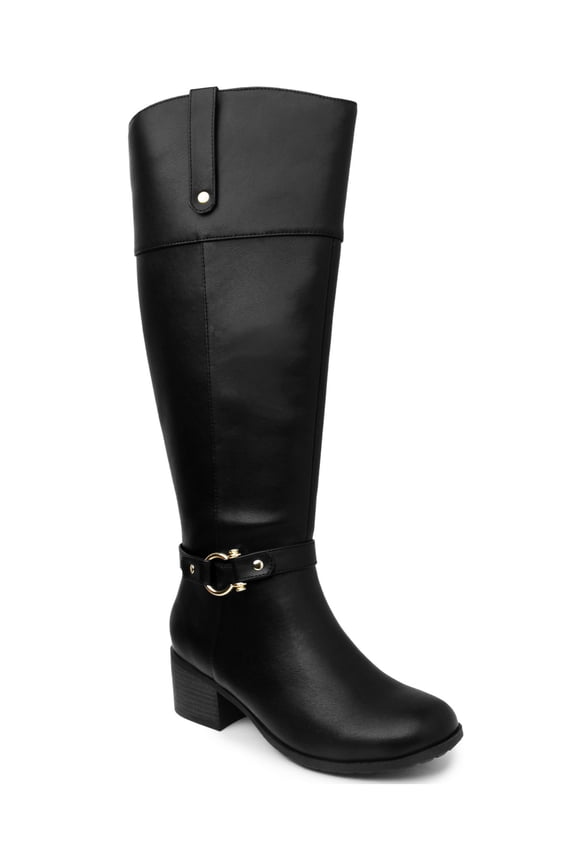 Womens Black Croc Harness Straps Ring Hardware Cushioned Comfort Vickyy Almond Toe Block Heel Zip-Up Riding Boot 7.5 M