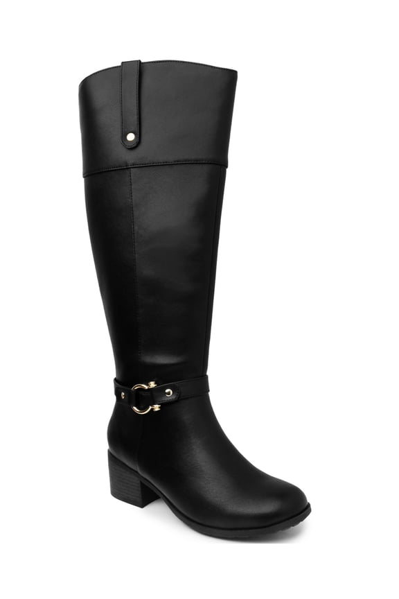 Womens Black Crocodile Harness Straps Ring Hardware Cushioned Vickyy Almond Toe Block Heel Zip-Up Riding Boot 7.5 W XWC