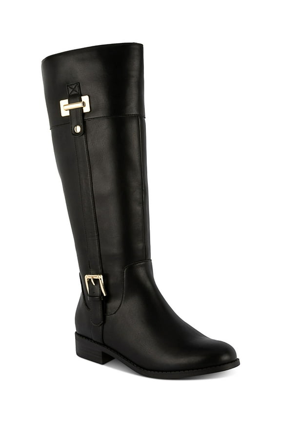 Womens Black Goring Padded Buckle Accent Edenn Almond Toe Block Heel Zip-Up Riding Boot 5 M