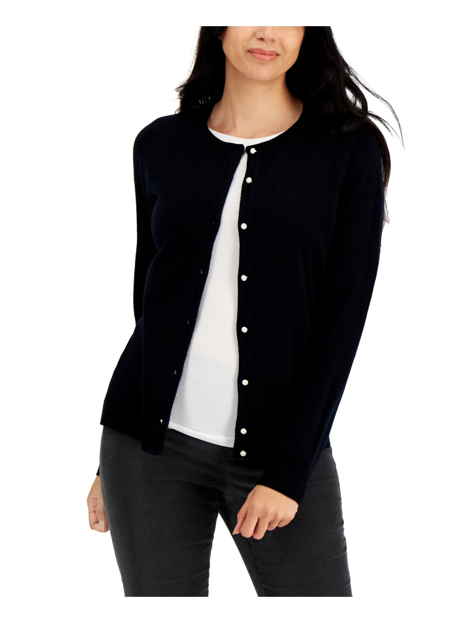 KAREN SCOTT Womens Black Knit Ribbed Pearlized Button Cardigan Long Sleeve Crew Neck Button Up Sweater L Walmart