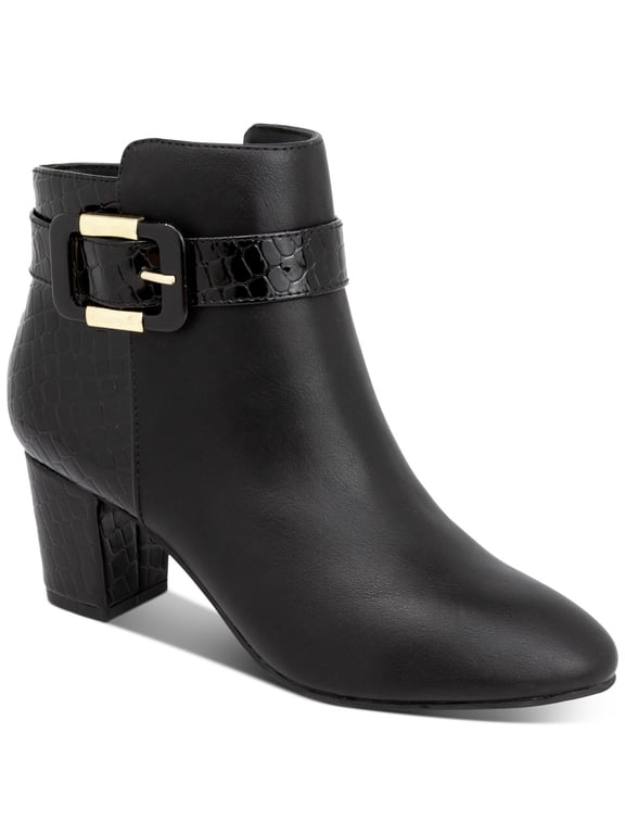 Womens Black Mixed Media Croc Asymmetrical Buckle Accent Padded Ivyy Almond Toe Block Heel Zip-Up Booties 9 M