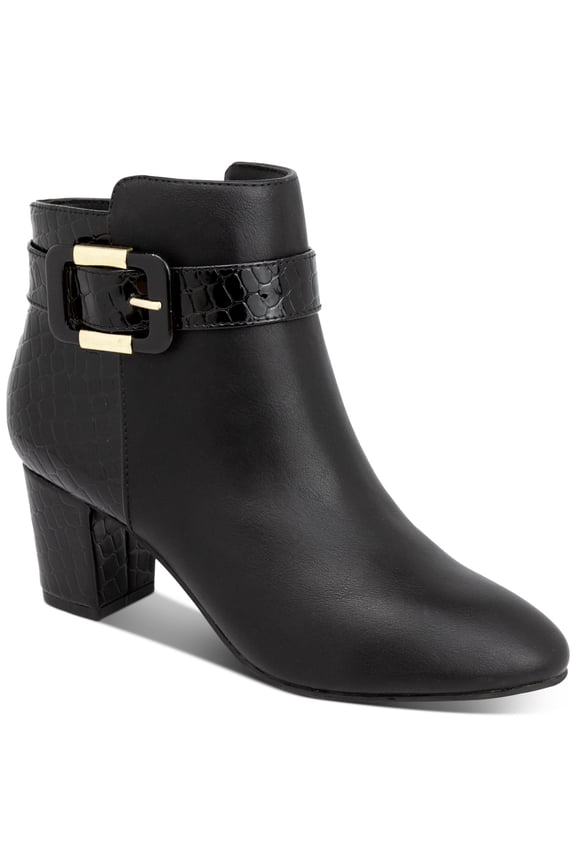 Womens Black Mixed Media Croc Asymmetrical Buckle Accent Padded Ivyy Almond Toe Block Heel Zip-Up Booties 9 M