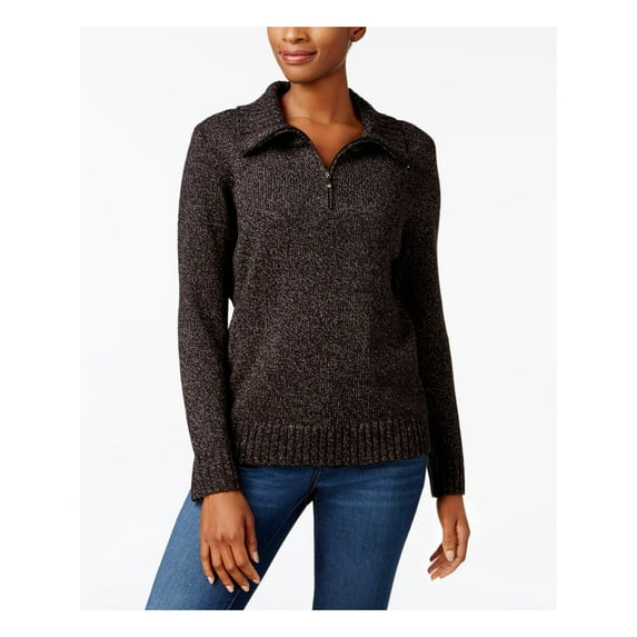 KAREN SCOTT Womens Black Stretch Textured Knitted Long Sleeve Zip Neck Sweater Petites PM