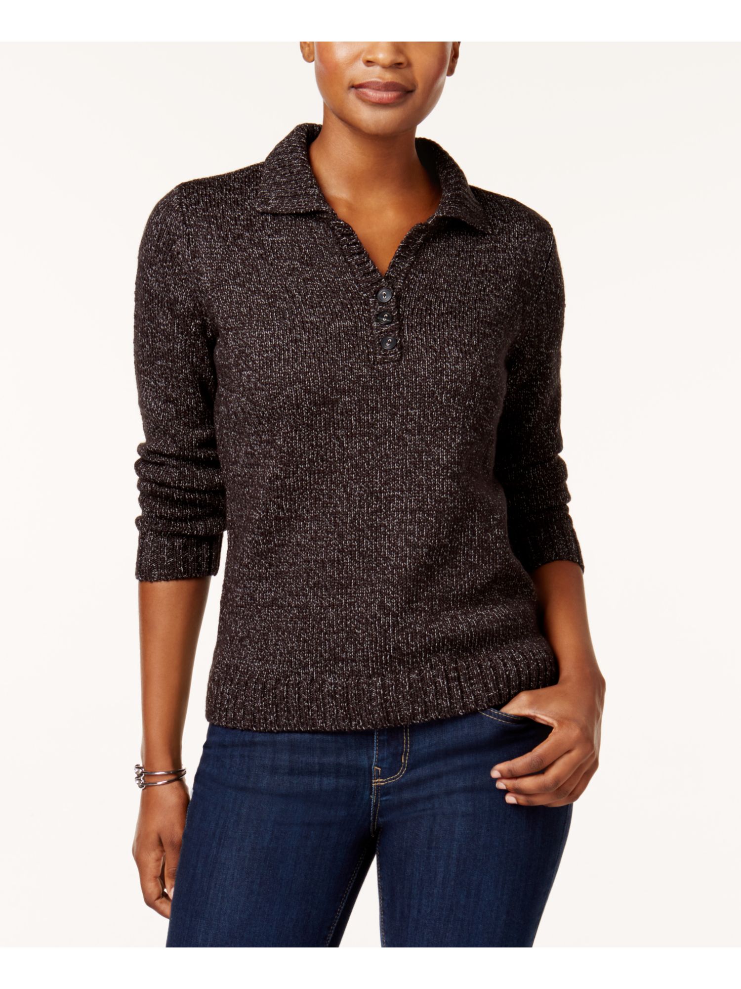 KAREN SCOTT Womens Black Textured Heather Long Sleeve Collared