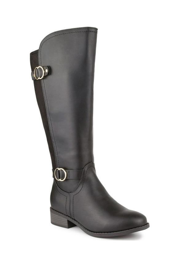 Womens Black Wide Calf Buckle Accent Studded Leandraa Almond Toe Block Heel Zip-Up Riding Boot 7.5 W XWC