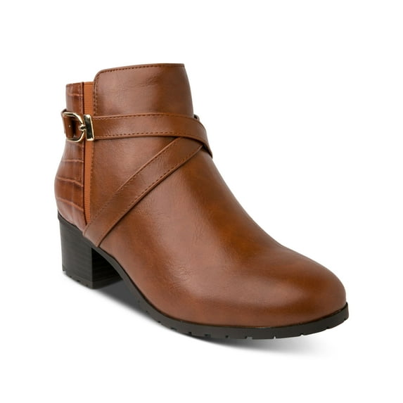 KAREN SCOTT Womens Brown Criss-Cross Ankle Strap Buckle Accent Cushioned Block Heel Zip-Up Booties 6.5 M