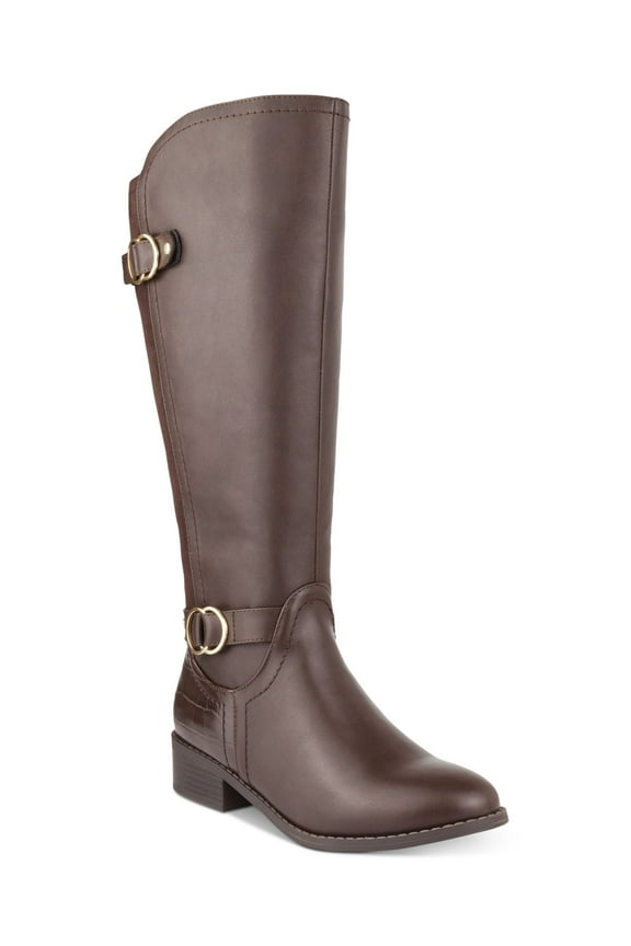 Womens Brown Crocodile Buckle Accent Studded Leandraa Almond Toe Block Heel Zip-Up Riding Boot 7.5 M