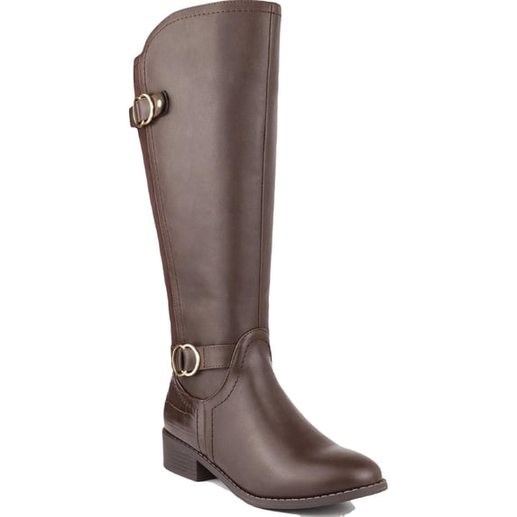KAREN SCOTT Womens Brown Crocodile Extra Wide Calf Buckle Accent Studded Leandraa Almond Toe Block Heel Zip-Up Leather Riding Boot 7.5 W XWC