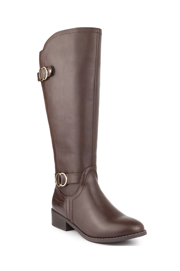 Womens Brown Crocodile Wide Calf Buckle Accent Studded Leandraa Almond Toe Block Heel Zip-Up Riding Boot 7 M WC