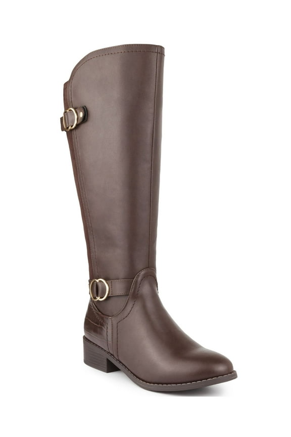 Womens Brown Crocodile Wide Calf Buckle Accent Studded Leandraa Almond Toe Block Heel Zip-Up Riding Boot 8 W WC