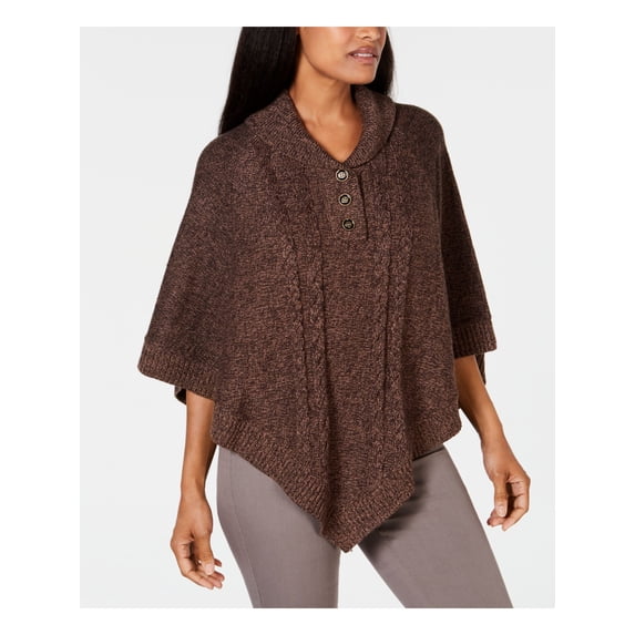 KAREN SCOTT Womens Brown Heather Short Sleeve Collared Poncho Sweater Size: S\M
