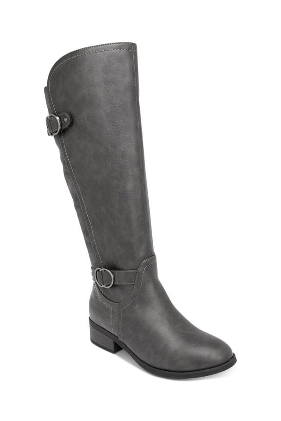 Womens Gray Buckle Accent Asymmetrical Croc Accent Cushioned Goring Leandraa Almond Toe Block Heel Zip-Up Dress Riding Boot 5.5 M