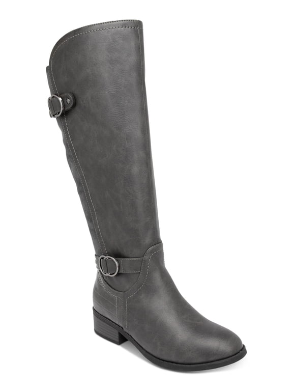 Womens Gray Buckle Accent Asymmetrical Croc Accent Cushioned Goring Leandraa Almond Toe Block Heel Zip-Up Dress Riding Boot 5.5 M