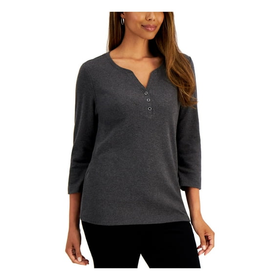 KAREN SCOTT Womens Gray Heather 3/4 Sleeve V Neck Top M