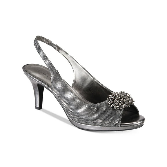 KAREN SCOTT Womens Gray Metallic Rhinestone Brooch Padded Breena Peep Toe Stiletto Slip On Dress Slingback 7 M