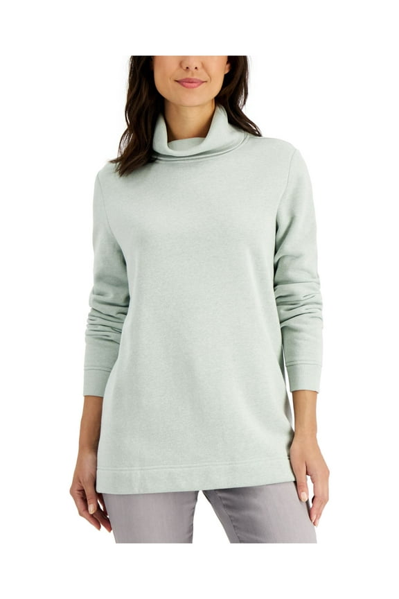Womens Green Stretch Ribbed Rib-knit Neckline And Cuffs Heather Long Sleeve Turtle Neck Wear To Work Sweater M