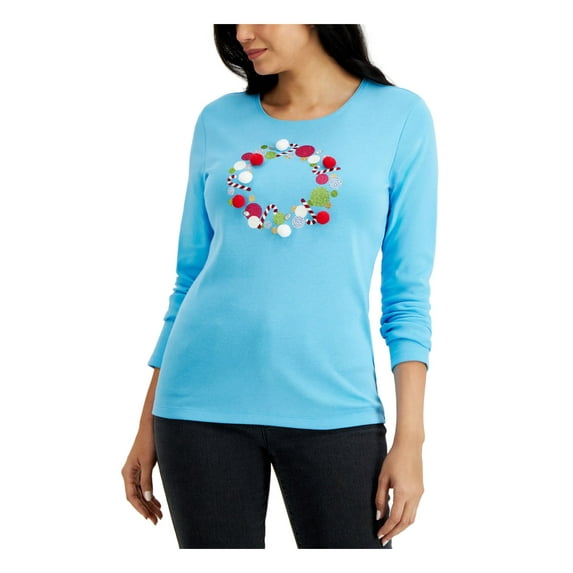 KAREN SCOTT Womens Light Blue Embellished Glitter Pom Pom Wreath Long Sleeve Crew Neck Holiday Top L