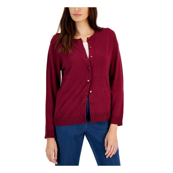 KAREN SCOTT Womens Maroon Cotton Blend Long Sleeve Crew Neck Wear To Work Button Up Sweater XS