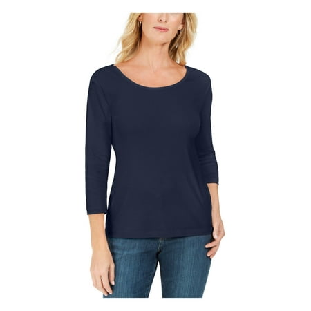 KAREN SCOTT Womens Navy Cotton 3/4 Sleeve Scoop Neck Top Petites PP