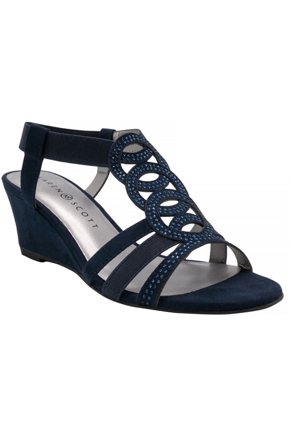 Womens Navy Elastic Comfort Rhinestone Strappy Denice Wedge Slip On Slingback Sandal 8 M