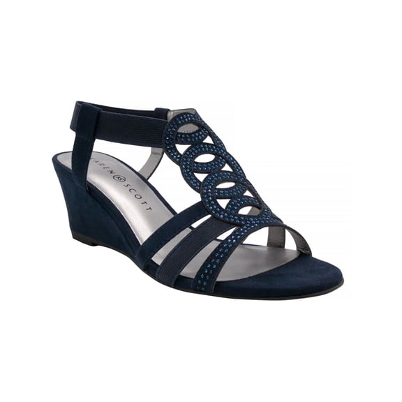 KAREN SCOTT Womens Navy Elastic Comfort Rhinestone Strappy Denice Wedge Slip On Slingback Sandal 8 M