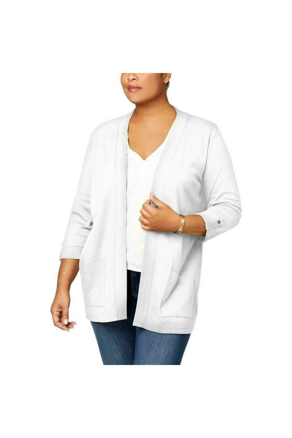 Womens White 3/4 Sleeve Open Cardigan Top Plus Size: 0X