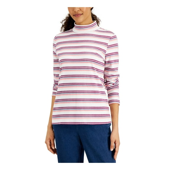 KAREN SCOTT Womens White Striped Long Sleeve Mock Neck Top XL