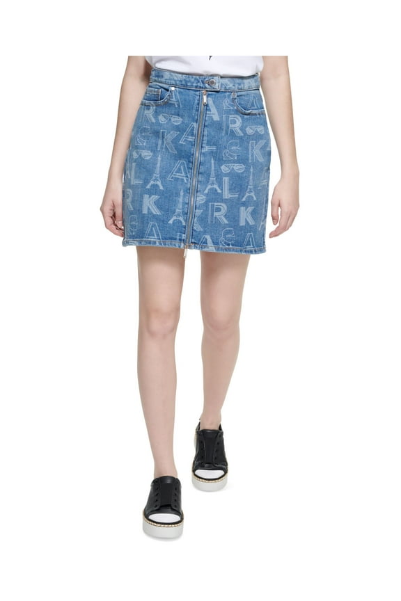 Womens Blue Denim Pocketed Two-way Zipper Mini A-Line Skirt 16