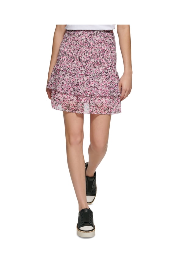 Womens Purple Smocked Lined Floral Short Ruffled Skirt XL