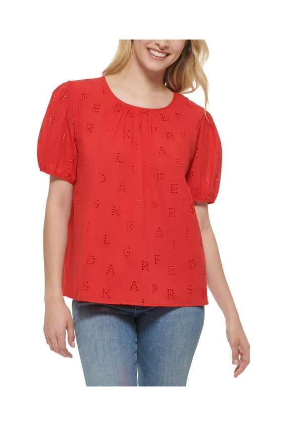 Womens Red Lined Short Sleeve Crew Neck Blouse M